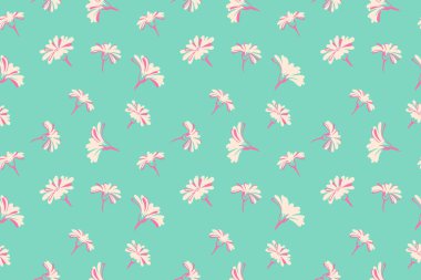 Yaratıcı soyut şekiller küçük çiçekleri tomurcuklandırır. Geometrik çiçekli basit bir yaz yeşili baskı. Vektör el çizimi düz. Şablon tasarımları için kolaj, desenli