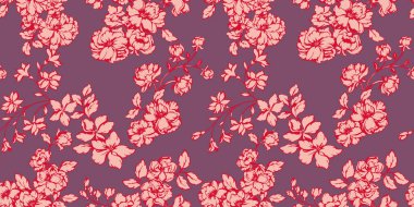 Yabani çiçekler, tomurcuklar ve dikişsiz desenlerle açan dallar. Beaujolais arka planında soyut sanatsal çiçek sapları var. Vektör el çizildi. Tasarımlar, baskılar, desenler için kolaj