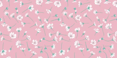Hafif, sevimli, basit, vektör el çizimi soyut çiçek deseni. Pembe arka planda pürüzsüz beyaz çiçek tarlası. Tasarım, moda, kumaş, baskı için kolaj şablonu