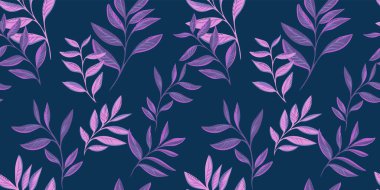 Sanatsal soyut yaprak sapı dikişsiz desen. Vektör el çizildi. Mor dalları olan basit bir koyu mavi arka plan. Tasarım, tekstil ve kumaş için kolaj şablonu