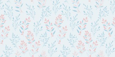 Pastel mavi, pürüzsüz desenli, vektör elli, düz dallı, küçük yapraklı, tomurcuklu çiçekler. Klasik antika, basit, vahşi çiçek baskısı. Tasarım, kumaş ve tekstil için kolaj şablonu