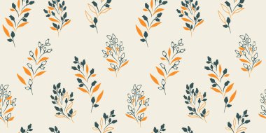 Minimalist, pürüzsüz desenli, vektör elli, düz dallı, küçük yapraklı, filizli çiçekler. Antika, basit, vahşi çiçek baskısı. Tasarım, kumaş ve tekstil için kolaj şablonu