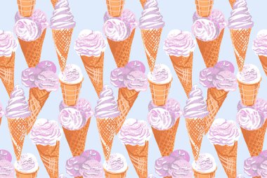 Pastel soyut sanatsal taze dondurma külahsız kalıpta. Vektör el çizimi illüstrasyon. Dondurmalı tatlı ile yaz mavisi arka plan, tatlım. Tasarımlar için kolaj, çocuk tekstil