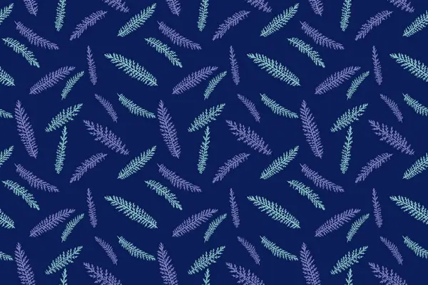 Soyut çizgiler, siluet, küçük yapraklar, dikişsiz köknar deseni. Vektör el çizimi. Karanlık bir arka planda basit bir botanik baskısı. Tasarım, kumaş ve desenler için kolaj