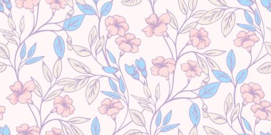 Pastel desenli, çiçek saplı yaratıcı çiçek desenli. Vektör el çizimi illüstrasyon. Yabani çiçekleri, tomurcukları ve yaprakları olan sanatsal soyut dallar. Tasarım, kumaş ve tekstil için şablon