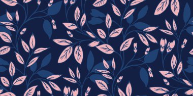 Abstract artistic branches with leaves and tiny buds intertwined in seamless pattern. Vector hand drawn silhouettes, shape. Creative simple dark blue forest leaf stems printing. Template for design clipart