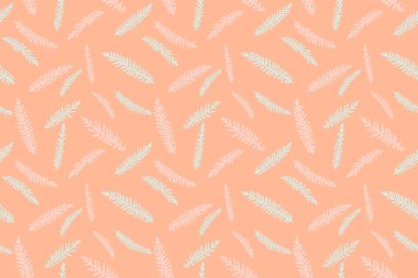 Soyut küçük dallar, köknar kırmızısını dikişsiz bir şekilde bırakır. Vektör el çizimi. Minimalist düz botanik desenli turuncu şeftali arkaplan. Tasarımlar için kolaj, baskı.