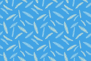 Soyut çizgiler, siluet, küçük dallar, dikişsiz köknar desenleri. Vektör el çizimi. Mavi arka planda minimalist basit botanik desenli. Tasarım, kumaş, baskı kolajı