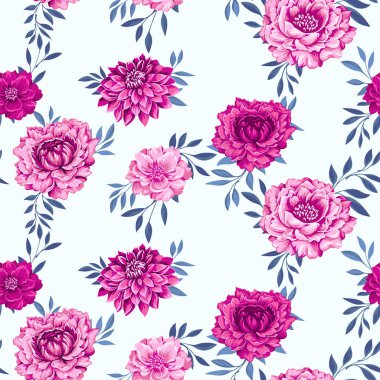 Kusursuz desenli, soyut sanatsal çiçekler ve ince dallı yapraklar. Vektör el çizimi illüstrasyon. Beyaz arka planda renkli pembe çiçek deseni. Tasarımlar, tekstil, kumaş şablonu
