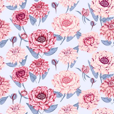 Soyut, sanatsal çiçekler, tomurcuklar ve yapraklar. Vektör el çizimi illüstrasyon. Nazikçe pastel çiçek açan çayır baskısı. Tasarımlar, tekstil, kumaş şablonu