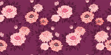 Sanatsal soyut çiçekler, koyu bir arka planda kusursuz bir desen oluşturmuşlar. Çiçek açan çiçekler ve dallar iz bırakıyor. Vektör el çizimi illüstrasyon. Tasarımlar için şablon, kumaş