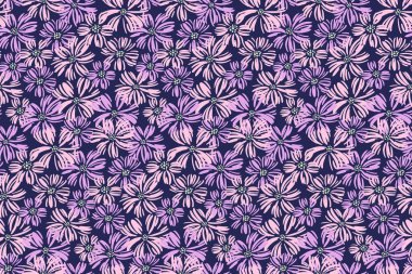 Yaratıcı basit çiçek çayırı kusursuz desen. Menekşe arkaplanda soyut bir çiçek deseni var. Vektör el çizimi. Tasarım, tekstil, moda, yüzey tasarımı, kumaş şablonu