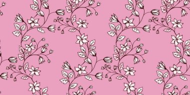 Kusursuz desen, sanatsal soyut küçük çiçek saplarıyla iç içe geçmiş. Vektör el çizildi. Çiçekler, tomurcuklar ve pembe izler bırakan dallarla açarlar. Tasarım, kumaş ve tekstil için şablon