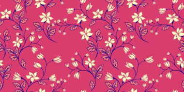 Sanatsal soyut yaratıcı minik dallar çiçekler ve kusursuz desenler bırakır. Vektör el çizildi. Renkli, basit, vahşi çiçek sapları pembe baskı. Tasarım, kumaş, moda, yüzey tasarımı için şablon