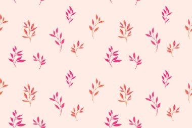 Soyut renkli küçük dallar, dikişsiz yapraklar arkaplana rastgele saçılmış. Minimalist botanik yaprak desenli. Vektör el çizimi. Yazdırma ve tasarımlar için kolaj