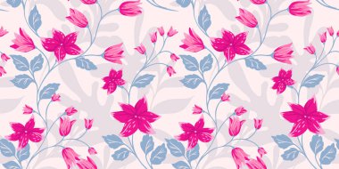 Çiçekli soyut sanatsal dallar, yaban çiçekleri, küçük çanlar ve yapraklar dikişsiz bir şablonla birbirine dolanmış. Vektör el çizimi illüstrasyon. Yaratıcı çiçek kökleri hafif bir arkaplanda yazdırılıyor.