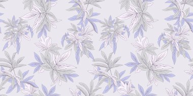 Dalları olan sanatsal soyut orman deseni. Pastel tropikal çiçekli, dikişsiz baskı. Vektör el çizimi illüstrasyon. Tasarım, tekstil, moda, kumaş, yüzey tasarımı için şablon,