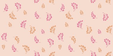 Şirin, küçük, soyut dallar, dikişsiz bir desen üzerine rastgele saçılmış yapraklar. Basit, pastel, minimalist bej baskı. Vektör el çizimi. Tasarım, tekstil, kumaş şablonu