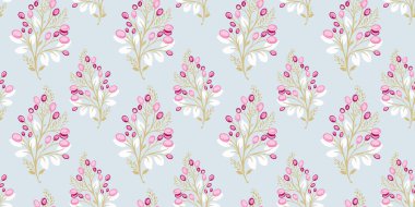 Soyut sanatsal dalları olan, böğürtlenli, damlacıklı, benekli, ince yapraklı pastel, pürüzsüz desen. Vektör el çizildi. Mavi arka planda yaratıcı şirin duvar halısı baskısı. Tasarım şablonu