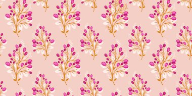 Yapraklı, böğürtlenli, damlacıklı, benekli, soyut sanatsal dalları olan pürüzsüz pembe desenler. Vektör el çizildi. Yaratıcı şirin duvar halısı baskısı. Tasarım, tekstil, moda şablonu