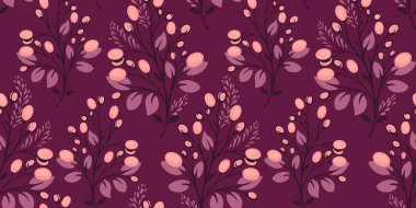 Burgundy soyut, dikdörtgen desenli, şekil böğürtlenli, damlalı, benekli ve bordo arkaplanlı sanatsal dalları olan. Vektör el çizildi. Tasarım, tekstil, moda şablonu