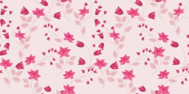 Zarif, yaban çiçekleriyle kusursuz desen, arka planda hafif bir köke sahiptir. Vektör çizimi. Sanatsal, yabani çiçekli soyut dallar, küçük çanlar ve küçük yazı baskısı