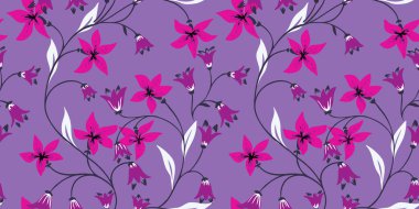 Soyut sanatsal dalları olan mor, pürüzsüz desenli küçük çiçek çanları. Vektör el çizildi. Baskıya sarılmış yabani çiçek saplı basit bir menekşe arkaplanı. Tasarımlar için şablon