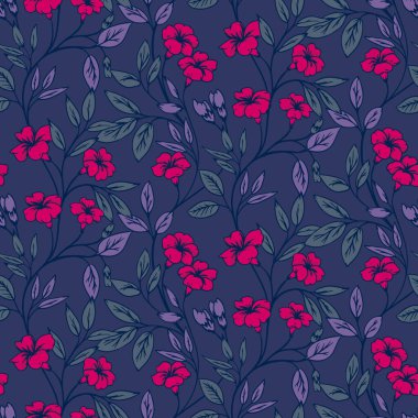 Soyut sanatsal iç içe geçmiş çiçek saplarıyla koyu mavi, pürüzsüz bir desen. Yapraklarla dolu yabani dallar, dökülen çiçekler, tomurcuklar. Vektör el çizildi. Tasarımlar için şablon