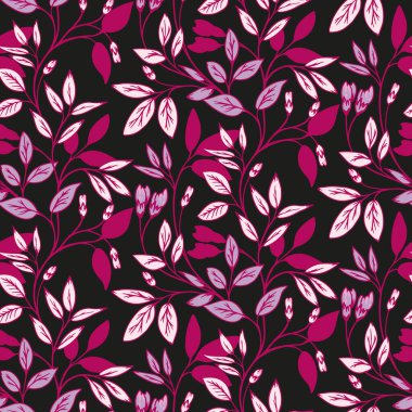 Burgonya soyut sanatsal dalları ve küçük yapraklar koyu bir arka planda birbirine dolanmış dikişsiz desenler. Yaratıcı çiçek açan yaprak kökü baskıdır. Vektör el çizildi. Dizaynlar için şablonlar
