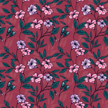 Çiçek açan sanatsal çiçek dalları ve yaprakları pürüzsüz bir şablona bürünmüş. Vektör el, çiçekli kök mavi iz çizmiş. Tasarım, kumaş, moda, tekstil, duvar kağıdı şablonu