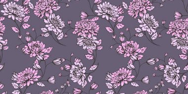 Zarif pembe çiçekli, gri arka planda pürüzsüz bir desen var. Vektör el çizildi. Sanatsal, soyut çiçekler ve küçük yapraklar, tomurcuklar basıyor. Tasarım, kumaş, moda, tekstil şablonu