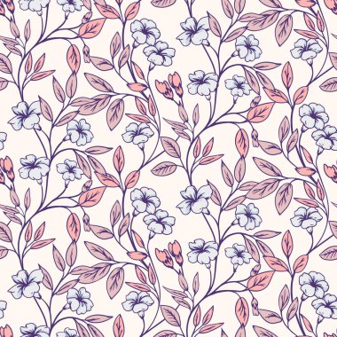 Pastel soyut sanatsal çiçek sapları pürüzsüz bir şekilde birbirine dolanmış. Küçük yaprakları olan yaratıcı dallar, dökülen çiçekler, basılan tomurcuklar. Vektör el çizildi. Tasarımlar için şablon