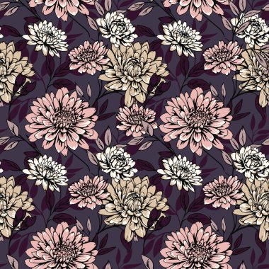 Büyük çiçekler ve dallar açan zarafet koyu bir arka planda pürüzsüz bir iz bırakır. Vektör el çizimi. Soyut sanatsal kasımpatı yıldız çiçeği şakayığı baskısı. Tasarımlar için şablon, moda