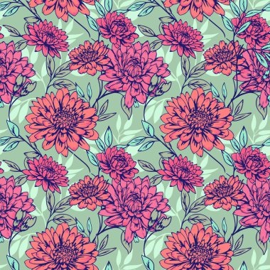 Soyut sanatsal kasımpatı desenleri ve dallar yeşil çayır arka planında kusursuz desenler bırakır. Vektör el çizimi. Çiçek açan yaz ya da bahar Büyük çiçekler basıyor.