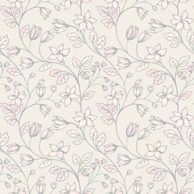 Yaratıcı yabani bitkilerle renksiz, yumuşak pastel desenler. Vektör el çizildi. Küçük çiçekli ve yapraklı soyut sanatsal dallar, tomurcuklar. Tasarım, kumaş, moda, tekstil için şablon