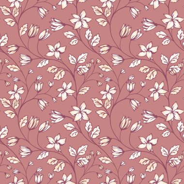 Pastel dikişsiz desen, birbirine dolanmış yaratıcı yabani çiçek saplarıyla. Vektör el çizildi. Küçük çiçekli ve yapraklı soyut sanatsal dallar. Tasarım, kumaş, moda için şablon