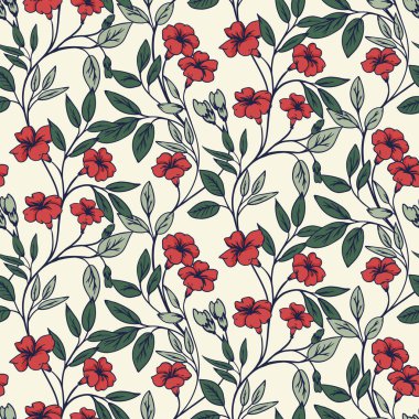 Çiçek açan yabani çayırlar kusursuz bir şekilde birbirine dolanmış. Soyut sanatsal çiçek sapları baskısı. Vektör el çizildi. Yapraklı renkli dallar, küçük çiçekler, tomurcuklar desenli