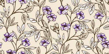 Soyut sanatsal vahşi çiçek sapları kusursuz bir desenle sarmalanmış. Vektör el çizildi. Çiçek ve yapraklı yaratıcı dallar, tomurcuklar. Tasarım, kumaş, moda, tekstil için şablon