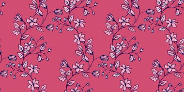 Kıvrımlı dalları olan kırmızı bir çayır. Küçük, hantal çiçekler, çanlar, birbirine sarılmış yapraklar. Soyut sanatsal yabani çiçek sapları baskısı. Vektör el çizildi. Tasarımlar için şablon,