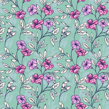 Çiçeklerle süslenmiş sanatsal soyut dallar, yeşil bir arka planda birbirine sarılmış yapraklar. Vektör el çizildi. Yaratıcı yabani çiçek kökü baskısı. Tasarımlar için şablon