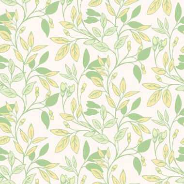 Bahar çiçekleri yaratıcı bitkiler basıyor. Küçük yaprakları olan soyut sanatsal yeşil dallar arkaplanda pürüzsüz bir desen oluşturmuşlar. Vektör el çizildi. Tasarım şablonu