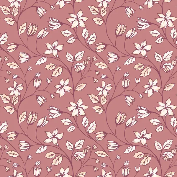 Pastel dikişsiz desen, birbirine dolanmış yaratıcı yabani çiçek saplarıyla. Vektör el çizildi. Küçük çiçekli ve yapraklı soyut sanatsal dallar. Tasarım, kumaş, moda için şablon