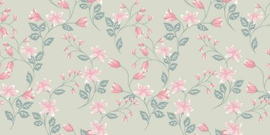 Pastel nane aromalı, dalsız desenli, küçük çiçekli çanlar, küçük yapraklı. Vektör el çizimi illüstrasyon. Sanatsal, soyut yabani çiçek sapları baskısı. Tasarım şablonu