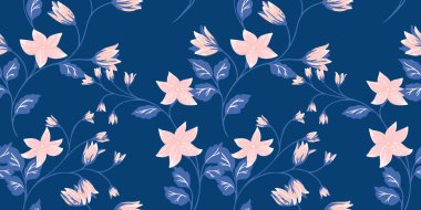 Soyut sanatsal yabani çiçek saplı, kusursuz mavi desenli. Vektör el çizildi. Küçük yaprakları, çiçekleri, küçük çanları olan yaratıcı dallar. Tasarım, kumaş, moda, tekstil şablonu