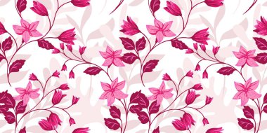 Çiçekli parlak pembe dallar, tomurcuklar, birbirine sarılmış yapraklar. Vektör el çizimi illüstrasyon. Sanatsal soyut çiçek kökleri açık bir arkaplanda bulunur. Tasarımlar için şablon