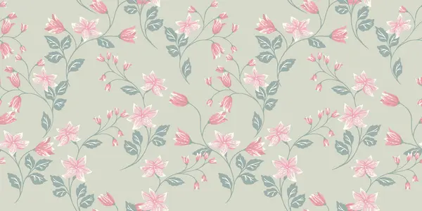 Pastel nane aromalı, dalsız desenli, küçük çiçekli çanlar, küçük yapraklı. Vektör el çizimi illüstrasyon. Sanatsal, soyut yabani çiçek sapları baskısı. Tasarım şablonu