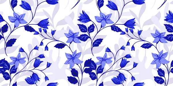 Yabani çiçekleri, çanları, küçük yaprakları olan soyut sanatsal mavi dallar, dikişsiz bir şablona bürünmüş şekiller. Vektör el çizildi. Yaratıcı biçimlendirilmiş çiçek sapları hafif bir arkaplanda yazdırılıyor.