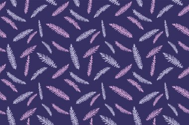 Pembe küçük dallar rastgele saçılmış, pürüzsüz bir desen üzerinde. Vektör el çizimi. Soyut küçük köknar köklü minimalist baskı. Tasarım, kumaş ve tekstil şablonu