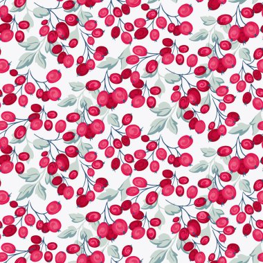 Yaratıcı kırmızı böğürtlenli renkli dallar, açık arkaplanda pürüzsüz bir desen şeklinde sarılmış yapraklar. Vektör el çizildi. Soyut, sanatsal ardıç, boxwood, viburum, Holly, böğürtlen baskısı.