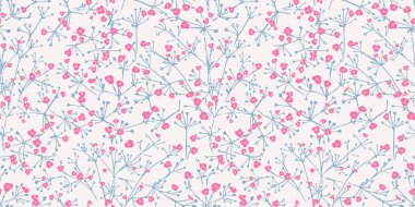 Vektör el, hafif bir arka planda kusursuz bir desen ile birbirine dolanmış dalları olan küçük çiçekler çizdi. Küçük sevimli çiçek sapları baskısı. Tasarım, tekstil, yüzey tasarımı, kumaş şablonu